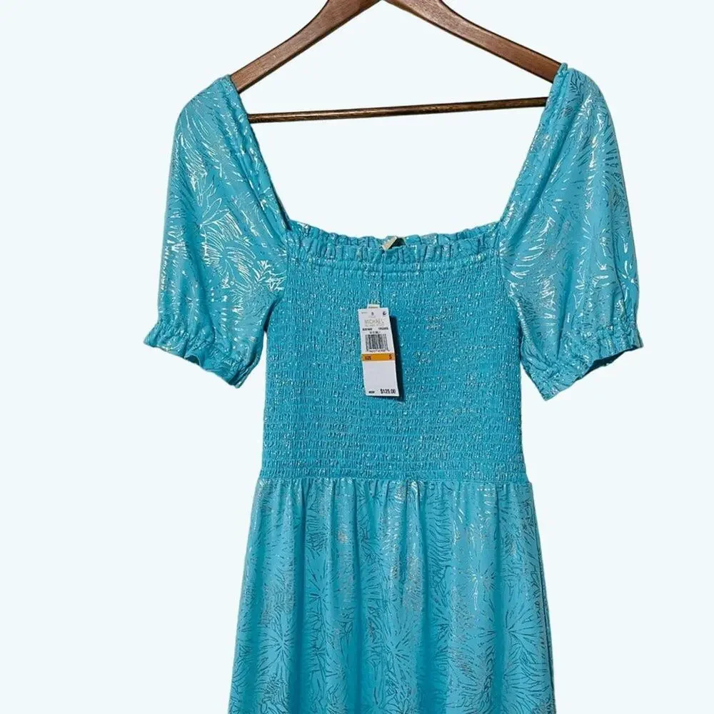 Michael Kors Smocked Dress Small Turquoise Metallic Foil Puff Sleeve NWT
